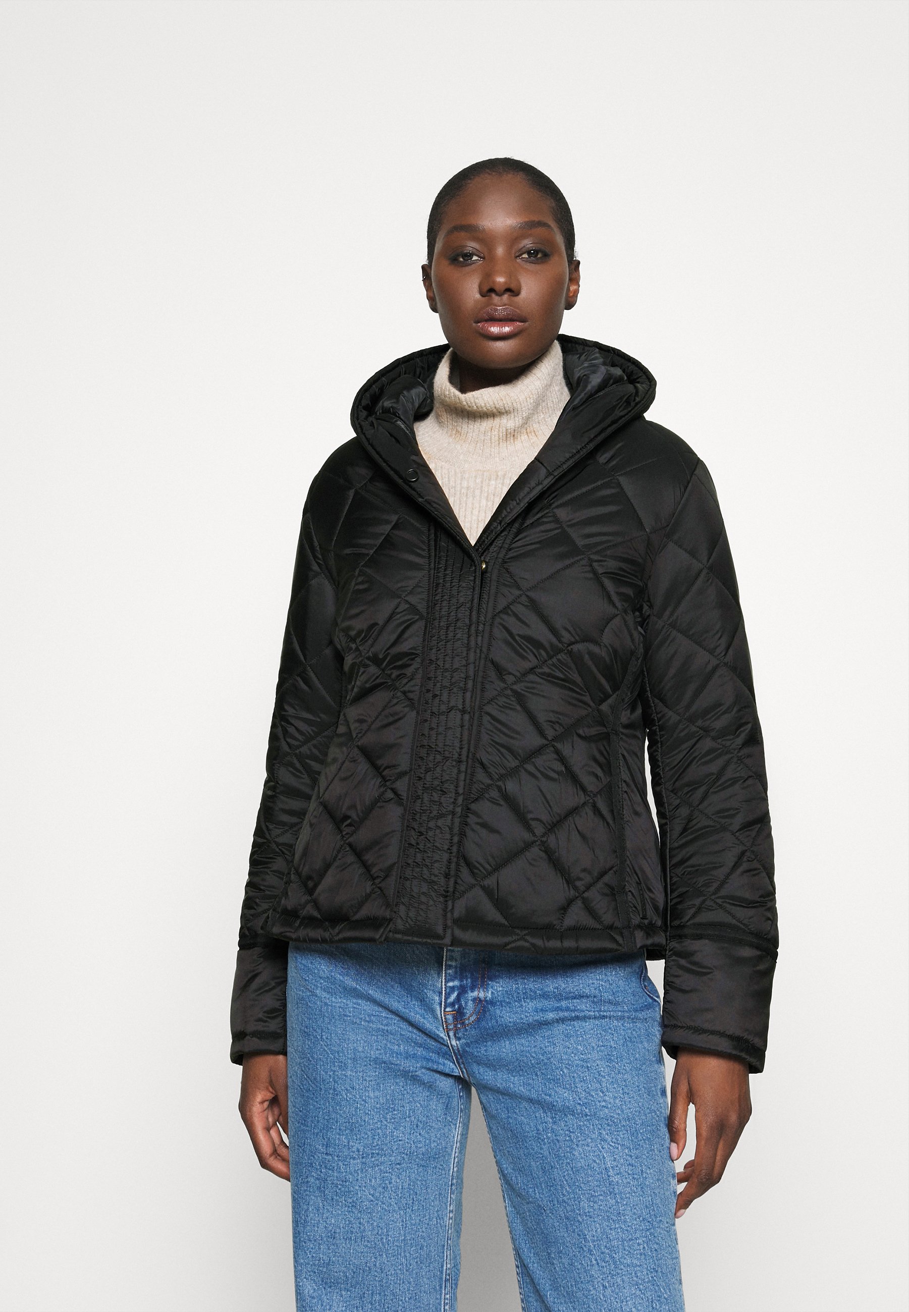 women's black quilted jacket with hood