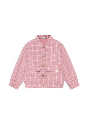 Pinkfarbene Langarmjacke mit weißem Karomuster, vorderen Druckknöpfen, zwei vorderen Klappentaschen sowie elastischen Bündchen und Bund.