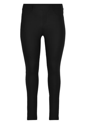 Schwarze Leggings mit glatter Textur, hoher Taille und zwei vorderen Taschen. Sie sind enganliegend und verjüngen sich bis zu den Knöcheln.