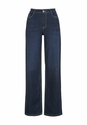 Donkerblauwe wijde jeans van denim, met een hoge taille, voorzakken en contrasterende stiksels langs de naden en zakken.