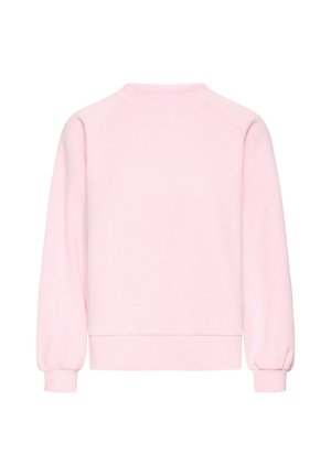 Rozā džemperis ar apaļu kakla izgriezumu un raglana piedurknēm. Tam ir elastīgi aproces un ribota apakšmala. Gluda tekstūra un vienkāršs dizains.