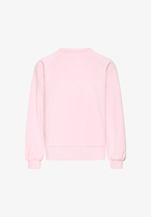 Rozā džemperis ar apaļu kakla izgriezumu un raglana piedurknēm. Tam ir elastīgi aproces un ribota apakšmala. Gluda tekstūra un vienkāršs dizains.