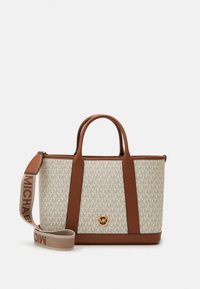 Beige and brown Michael Kors tote bag with MK logo pattern, two handles, and a detachable branded shoulder strap.