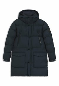 Cappotto imbottito lungo di un blu navy scuro con cappuccio, dotato di due grandi tasche frontali, zip anteriore, bottoni a pressione e stringhe regolabili.