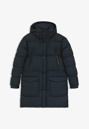 Langer, dunkelblauer Puffercoat mit Kapuze, ausgestattet mit zwei großen Fronttaschen, einem Reißverschluss, Druckknöpfen und verstellbaren Kordeln.