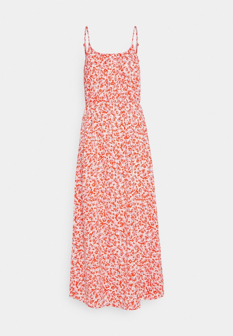 Robe longue en tissu léger présentant un motif floral rouge sur fond blanc, avec des bretelles spaghetti ajustables et une taille élastique.