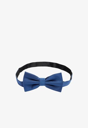 Blå satin butterfly med ribbet tekstur, der har en central plissé og et justerbart sort bånd. Velegnet til formelle anledninger.