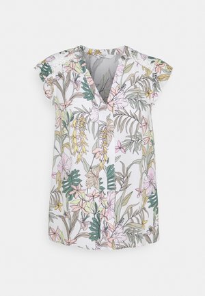 Halenka s krátkým rukávem z bílého materiálu s květinovým vzorem s růžovými a zelenými akcenty, véčkovým výstřihem a volným střihem.