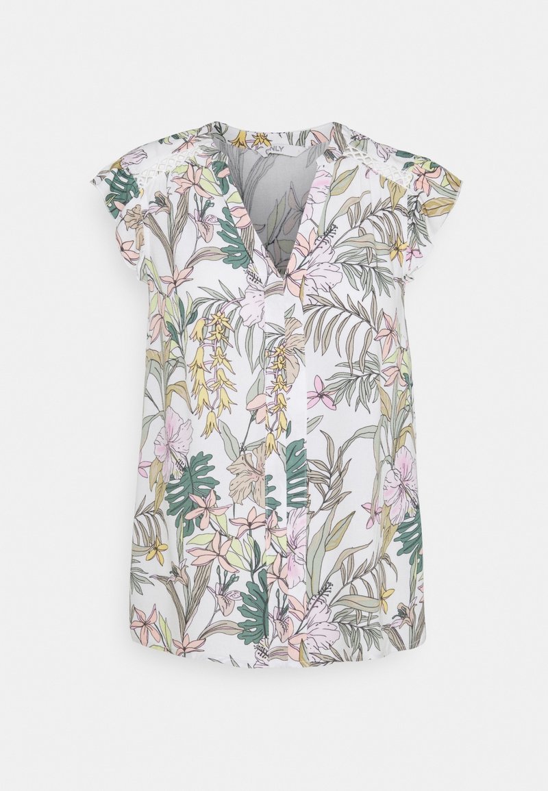Blouse à manches courtes en tissu blanc avec un motif floral aux accents roses et verts, col en V, coupe décontractée.