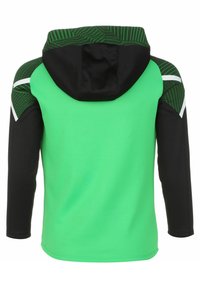 Hoodie vert et noir avec de longues manches, présentant une capuche noire texturée et des accents d'épaules verts avec des rayures blanches. Fini en tissu lisse.