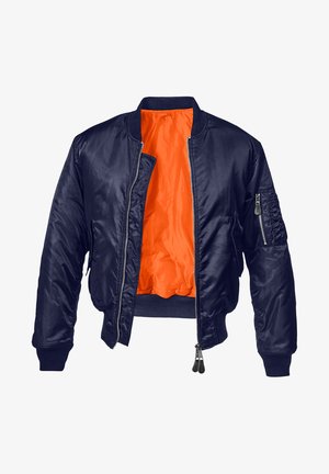 Jūrinis bombonešio švarkas su oranžine pamušalu, užtrauktuko priekyje, įrengtomis guminėmis rankovėmis ir apačia, bei šoniniu kišeniu su užtrauktuku. Lygus, blizgus nailono audinys.