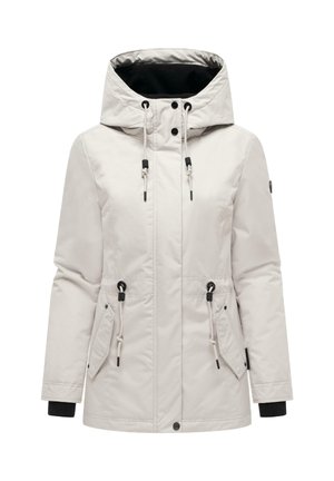 Hellgraue Kapuzen-Winterjacke mit verstellbaren Kordeln, Vordertaschen, Druckknöpfen und schwarzen inneren Bündchen an den Ärmeln.