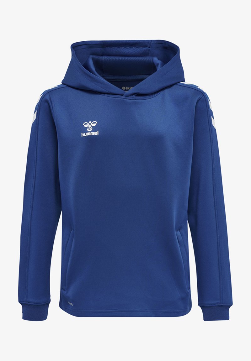 Felpa con cappuccio blu realizzata in tessuto morbido. Presenta una tasca frontale, polsini a coste e dettagli bianchi sulle maniche. Logo Hummel sul petto.