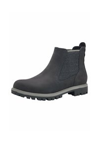 Schwarze Lederstiefelette mit elastischen Seitenpaneelen, strukturiertem grauem Profilsohle und Zuglasche. Sie hat eine abgerundete Zehenpartie und ein robustes Profil für besseren Halt.