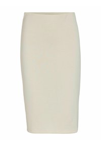 Jupe crayon beige arrivant aux genoux, fabriquée en tissu extensible et lisse, avec une silhouette ajustée et une taille élastique. Aucun motif ni accent visible.
