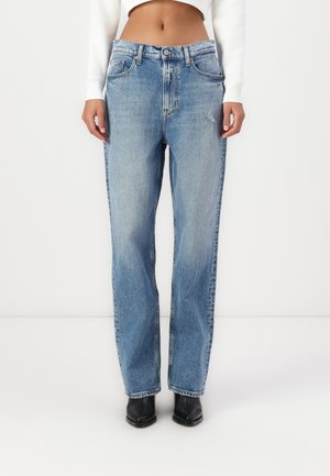 Hellblaue, hoch geschnittene Straight-Leg-Jeans aus Denim, mit subtiler Verblassung, Fronttaschen und Reißverschluss.
