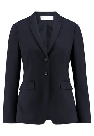 Musta naisille räätälöity bleiseri, jossa on kaksi nappia, lovettu käännekaulus, läppätaskut ja pitkät hihat.