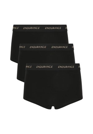 Trois caleçons boxeurs noirs avec des tailles élastiques étiquetées "ENDURANCE" en beige, présentés empilés sur un fond blanc.