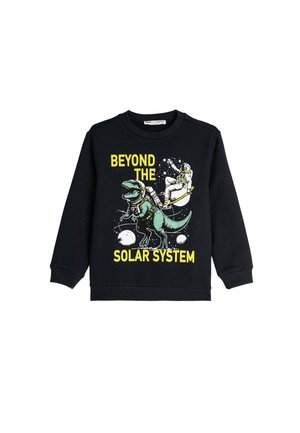 Czarna bluza z nadrukiem zielonego dinozaura i astronauty, z napisem "POZA UKŁADEM SŁONECZNYM" w kolorze żółtym.