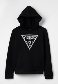 Felpa con cappuccio nera, maniche lunghe e logo triangolare argento di Guess con un punto interrogativo e la scritta "GUESS U.S.A. Washed Jeans" sul davanti.