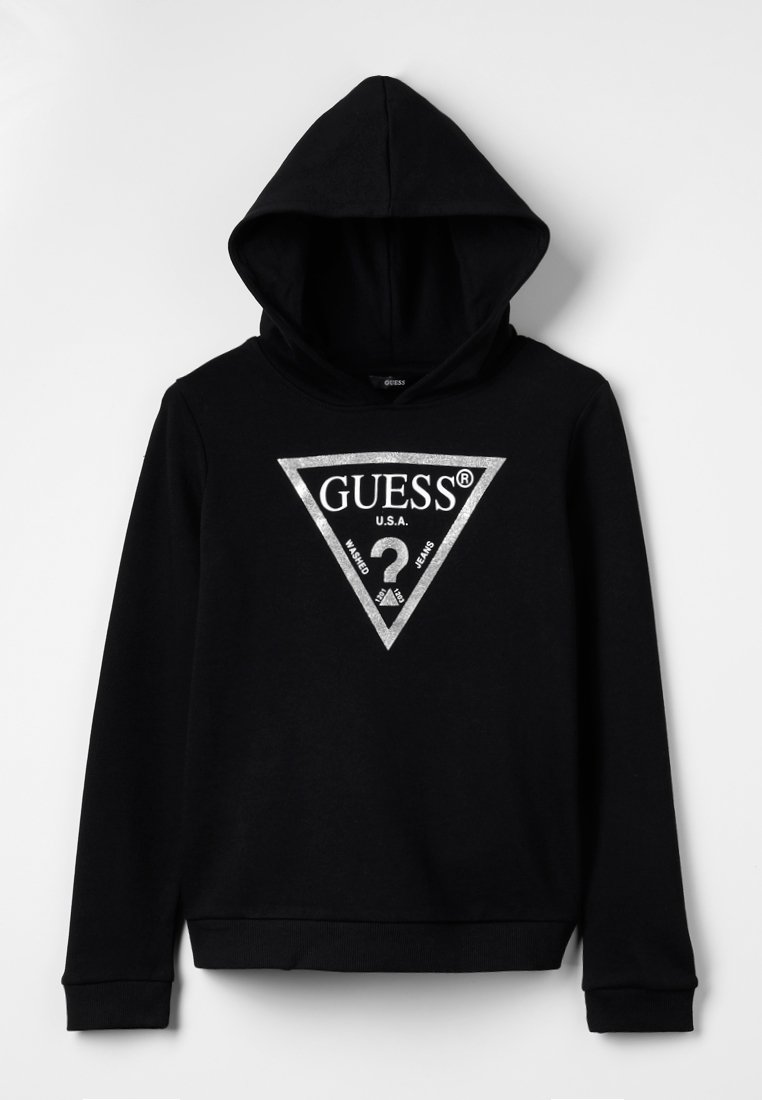 Felpa con cappuccio nera, maniche lunghe e logo triangolare argento di Guess con un punto interrogativo e la scritta "GUESS U.S.A. Washed Jeans" sul davanti.