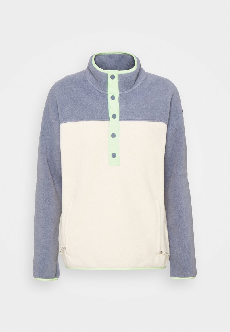 Pullover in pile con pannelli azzurri e crema, dotato di una patta con bottoni verdi e tasche laterali. Tessuto morbido e vestibilità rilassata.