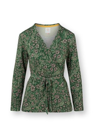 Groene bloemen wikkeltop met lange mouwen, voorzien van beige en donkergroene botanische patronen, een V-halslijn en een strikdetail in de taille.