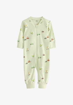 Jasnozielony kombinezon dla niemowląt z zamkiem błyskawicznym, z drobnymi nadrukami samochodów, helikopterów i żyraf na hulajnogach.