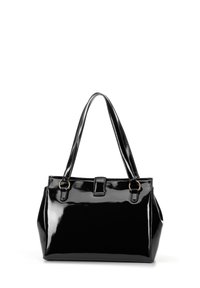 Czarna torebka z lakierowanej skóry z dwoma solidnymi uchwytami, prostokątnym kształtem i błyszczącym wykończeniem. Posiada złote akcenty metalowe.
