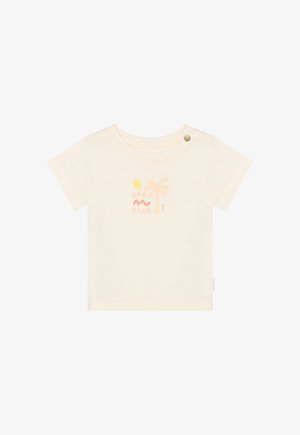 Camiseta de manga corta color crema claro en algodón suave. Presenta un gráfico impreso de un sol amarillo y una palmera rosa con el texto "SUN KISS" y cierre de botones a presión.
