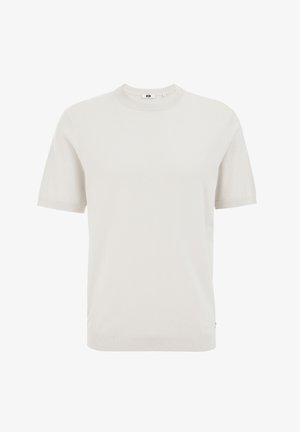 Gaiši pelēks īsām piedurknēm t-krekls, izgatavots no gludas auduma, ar okja kaklu un ribotām piedurknēm, ar mazu logotipa birku apakšmalā.