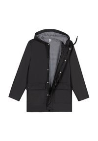 Zwarte waterdichte jas met capuchon, drukknoop- en ritssluiting, gestreepte voering en twee voorzakken. Glad textuur en casual ontwerp.