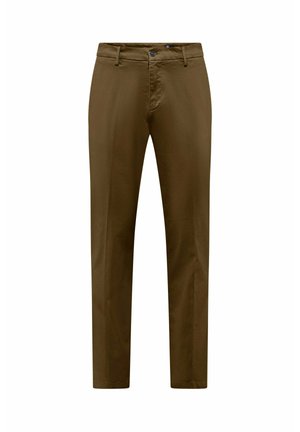 Braune Baumwollhose mit geradem Bein, subtiler Textur und Knopfverschluss vorne. Verfügt über normale Taschen und Gürtelschlaufen.