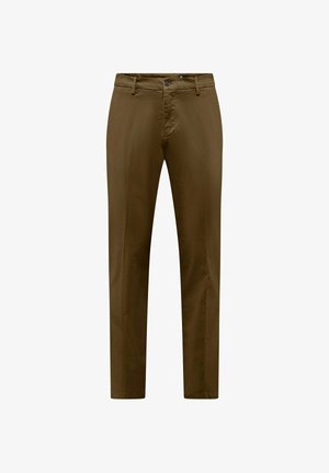 Bruine katoenen broek met een rechte pijpdesign, subtiele textuur en een sluiting met knoop aan de voorkant. Voorzien van standaardzakken en riemlussen.