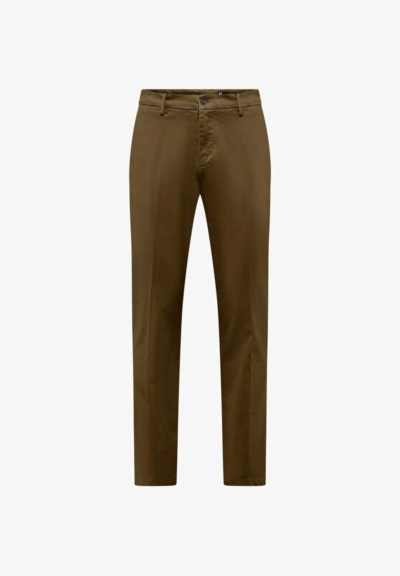 Braune Baumwollhose mit geradem Bein, subtiler Textur und Knopfverschluss vorne. Verfügt über normale Taschen und Gürtelschlaufen.