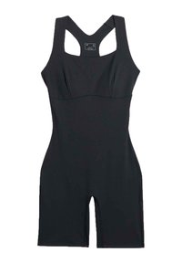 Maillot de bain sportif une pièce noir sans manches avec dos nageur et shorts mi-cuisse, taille petite.