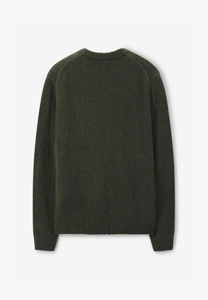 Dunkelgrüner gestrickter Pullover mit Rundhalsausschnitt, gerippten Bündchen und Saum. Texturiertes Gewebe mit einer etwas lockeren Passform, das ein einfaches Design zeigt.