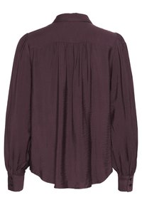Dark purple blouse with a collar, pleated back detail, and long puff sleeves. Features buttoned cuffs and a soft, textured fabric.
