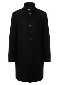 Musta villakangastakki, jossa on korkea kaulus, nappikiinnitys ja kaksi etutaskua. Kankaan pinta on sileä ja se on yksirivinen malli.