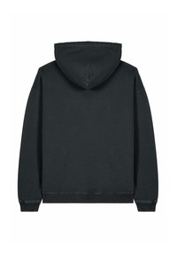 Sweatshirt à capuche noir avec une coupe décontractée, des poignets et un ourlet côtelés, fabriqué en tissu doux en mélange de coton avec une texture lisse.