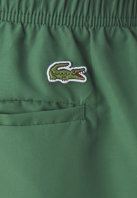 Grønne svømmeshorts laget av lett stoff med elastisk midjebånd, med en liten brodert krokodillelogo og en baklomme.