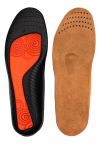 Black and orange insoles showing a textured black surface with perforations and a patterned orange design, paired with smooth tan leather underneath.