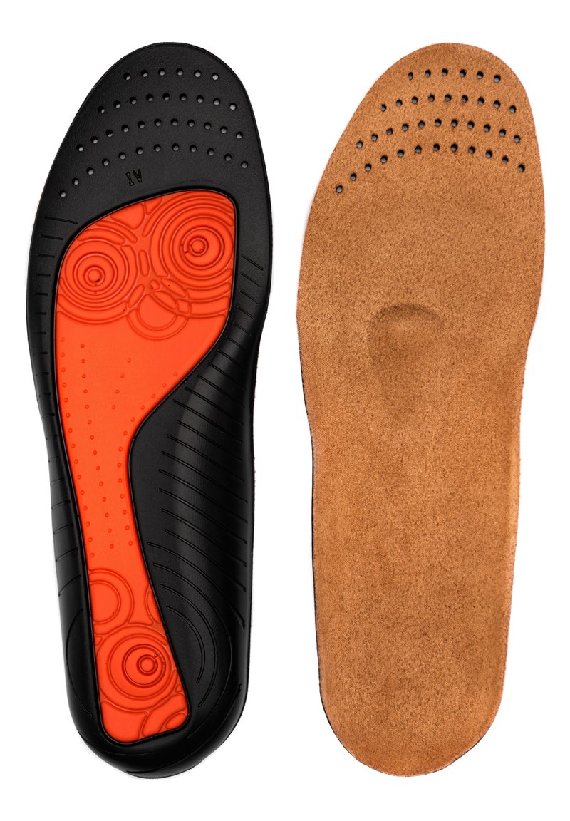 Black and orange insoles showing a textured black surface with perforations and a patterned orange design, paired with smooth tan leather underneath.