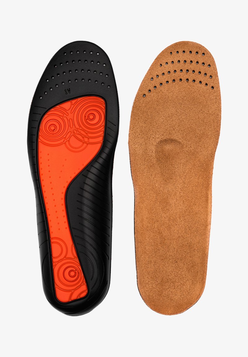 Black and orange insoles showing a textured black surface with perforations and a patterned orange design, paired with smooth tan leather underneath.