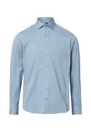 Lichtblauw overhemd met lange mouwen, knoopsluiting, klassieke kraag en knoopsluiting aan de voorkant, weergegeven op een witte achtergrond.