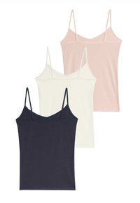 Trzy topy na cienkich ramiączkach w kolorach ciemnogranatowym, białym i jasnoróżowym. Posiadają cienkie ramiączka i dekolt w serek. Miękka, elastyczna tkanina o gładkiej fakturze.