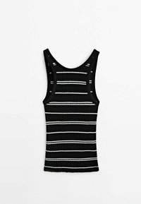 Débardeur noir à côtes avec des rayures blanches horizontales, design sans manches et encolure dégagée, posé à plat sur un fond blanc.