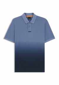 Kortärmad polotröja med gradient i blå nyanser från ljus överdel till mörk underdel, med krage, två knappar och BOSS-logotyp.