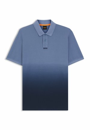 Short-sleeve polo shirt with gradient blue shades from light at top to dark at bottom, featuring a collar, two buttons, and BOSS logo.