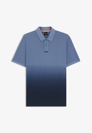 Short-sleeve polo shirt with gradient blue shades from light at top to dark at bottom, featuring a collar, two buttons, and BOSS logo.